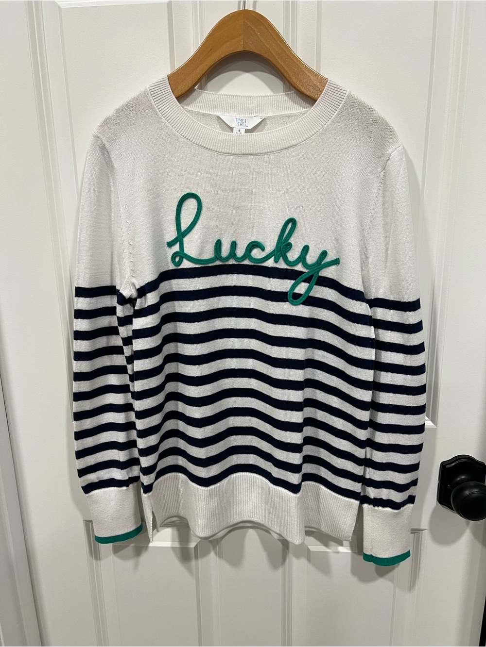 Time and Tru White Navy Striped Crew Sweater with Green Script